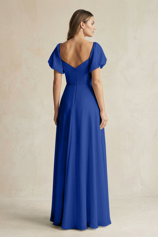 Sweetheart Puff Sleeve A - Line Chiffon Bridesmaid Dress in Royal Blue - SHE IS ME Bridesmaid Dresses