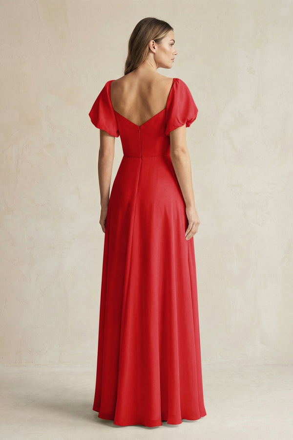 Sweetheart Puff Sleeve A - Line Chiffon Bridesmaid Dress in Ruby Red - SHE IS ME Bridesmaid Dresses