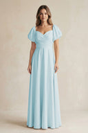 Sweetheart Puff Sleeve A - Line Chiffon Bridesmaid Dress in Sky Blue - SHE IS ME Bridesmaid Dresses
