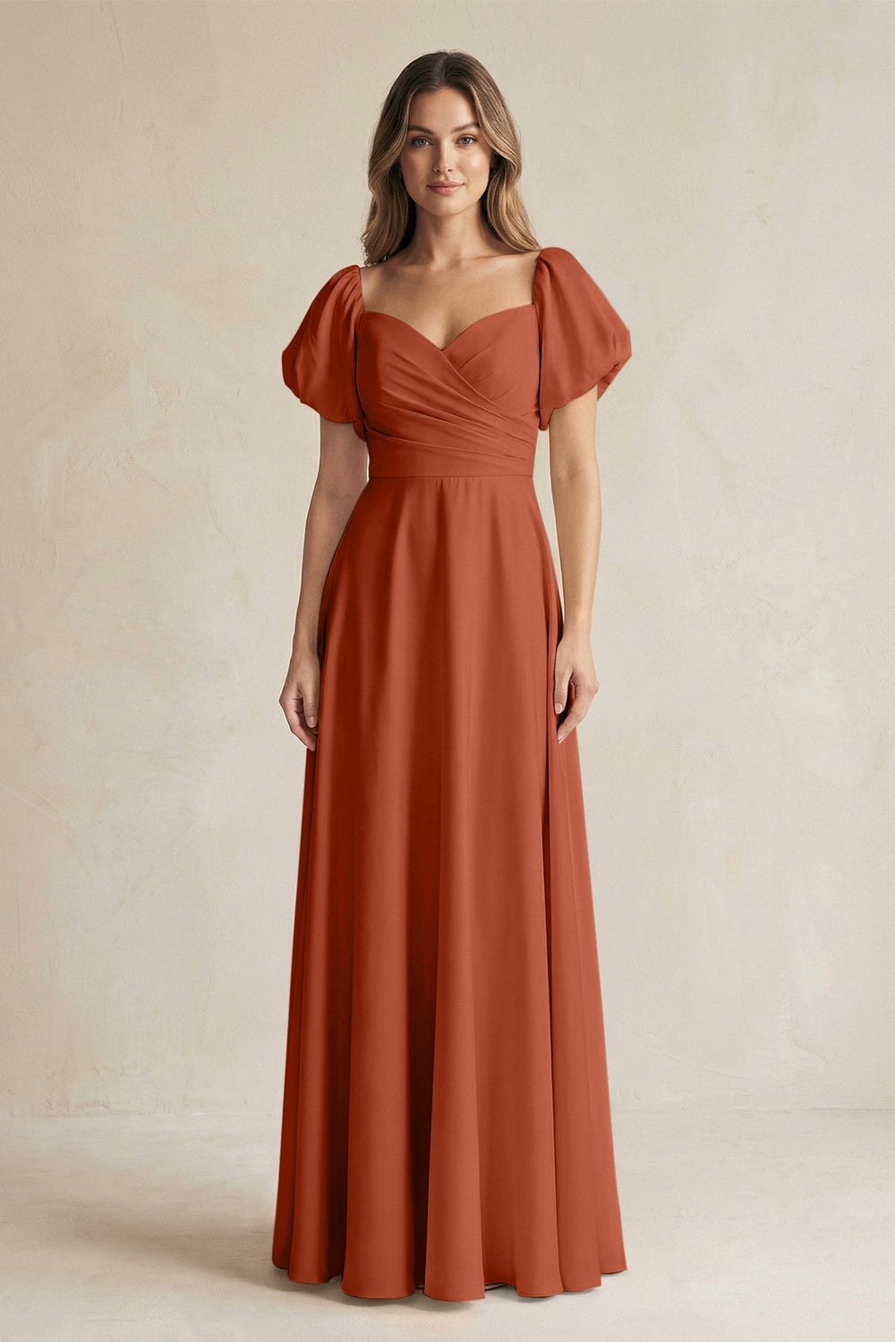 Sweetheart Puff Sleeve A - Line Chiffon Bridesmaid Dress in Spice - SHE IS ME Bridesmaid Dresses