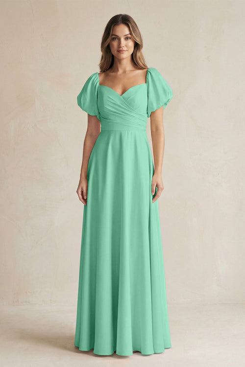 Sweetheart Puff Sleeve A - Line Chiffon Bridesmaid Dress in Turquoise - SHE IS ME Bridesmaid Dresses