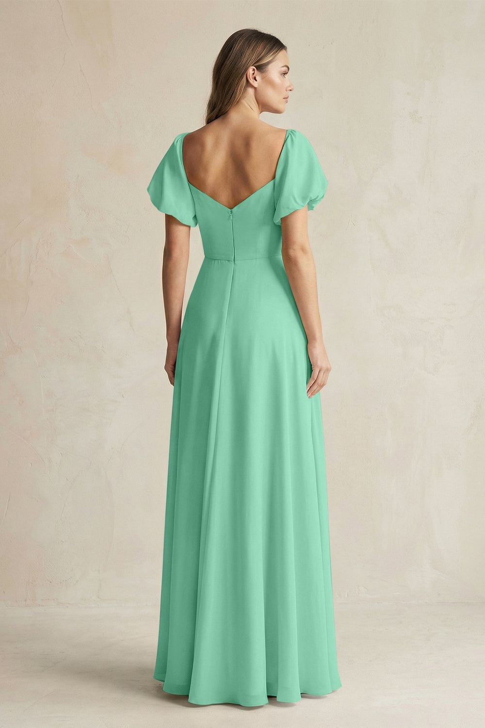 Sweetheart Puff Sleeve A - Line Chiffon Bridesmaid Dress in Turquoise - SHE IS ME Bridesmaid Dresses