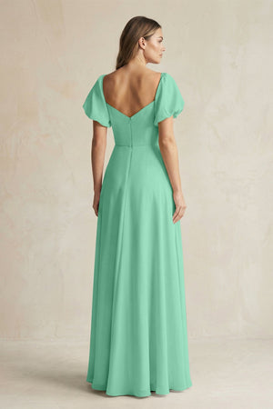 Sweetheart Puff Sleeve A - Line Chiffon Bridesmaid Dress in Turquoise - SHE IS ME Bridesmaid Dresses