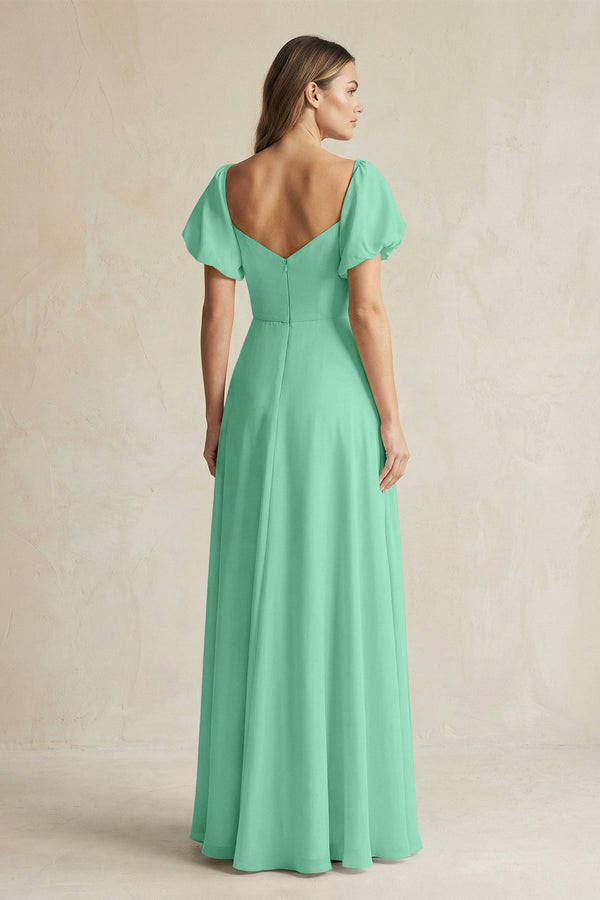 Sweetheart Puff Sleeve A - Line Chiffon Bridesmaid Dress in Turquoise - SHE IS ME Bridesmaid Dresses