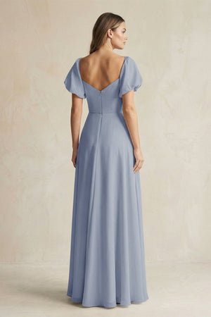 Sweetheart Puff Sleeve A - Line Chiffon Bridesmaid Dress in Twilight - SHE IS ME Bridesmaid Dresses