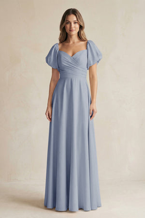 Sweetheart Puff Sleeve A - Line Chiffon Bridesmaid Dress in Twilight - SHE IS ME Bridesmaid Dresses