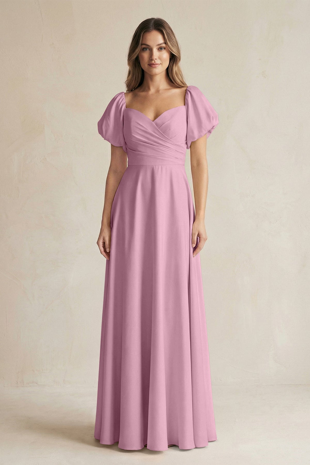 Sweetheart Puff Sleeve A - Line Chiffon Bridesmaid Dress in Vintage Mauve - SHE IS ME Bridesmaid Dresses