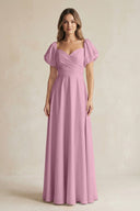 Sweetheart Puff Sleeve A - Line Chiffon Bridesmaid Dress in Vintage Mauve - SHE IS ME Bridesmaid Dresses
