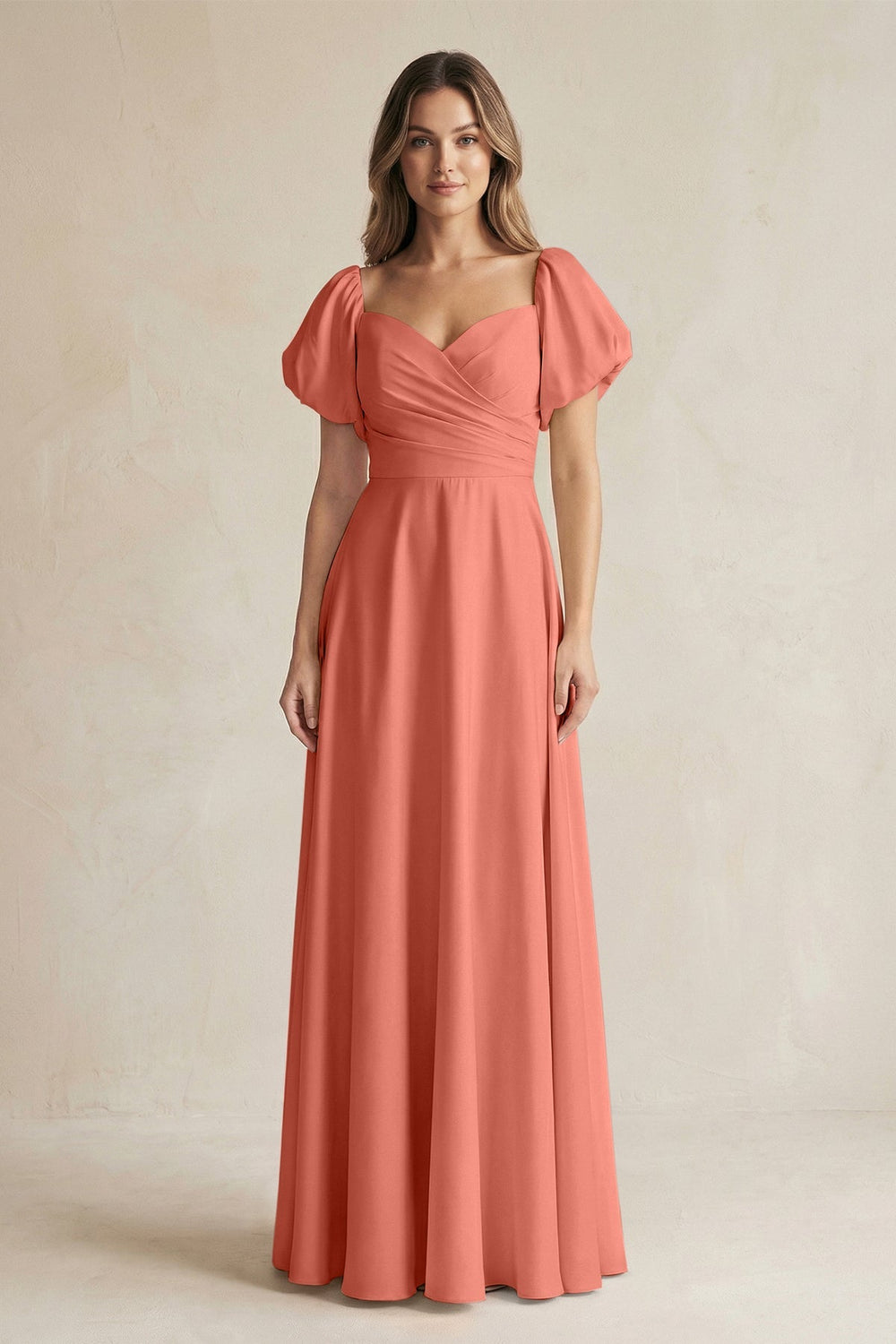 Sweetheart Puff Sleeve A - Line Chiffon Bridesmaid Dress in Wild Rose - SHE IS ME Bridesmaid Dresses