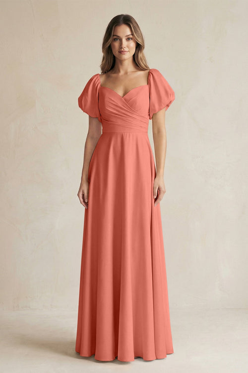 Sweetheart Puff Sleeve A - Line Chiffon Bridesmaid Dress in Wild Rose - SHE IS ME Bridesmaid Dresses