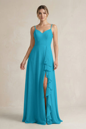 Sweetheart Ruffled A - Line Chiffon Bridesmaid Dress with Slit in Blue Jay - SHE IS ME Bridesmaid Dresses