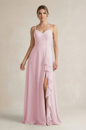 Sweetheart Ruffled A - Line Chiffon Bridesmaid Dress with Slit in Candy Pink - SHE IS ME Bridesmaid Dresses