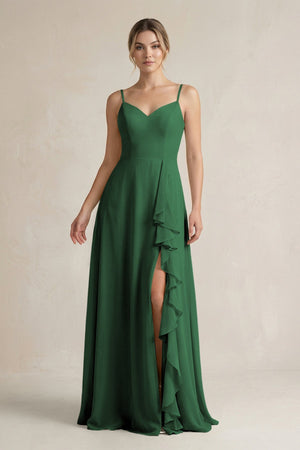Sweetheart Ruffled A - Line Chiffon Bridesmaid Dress with Slit in Dark Green - SHE IS ME Bridesmaid Dresses
