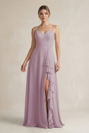 Sweetheart Ruffled A - Line Chiffon Bridesmaid Dress with Slit in Dusk - SHE IS ME Bridesmaid Dresses
