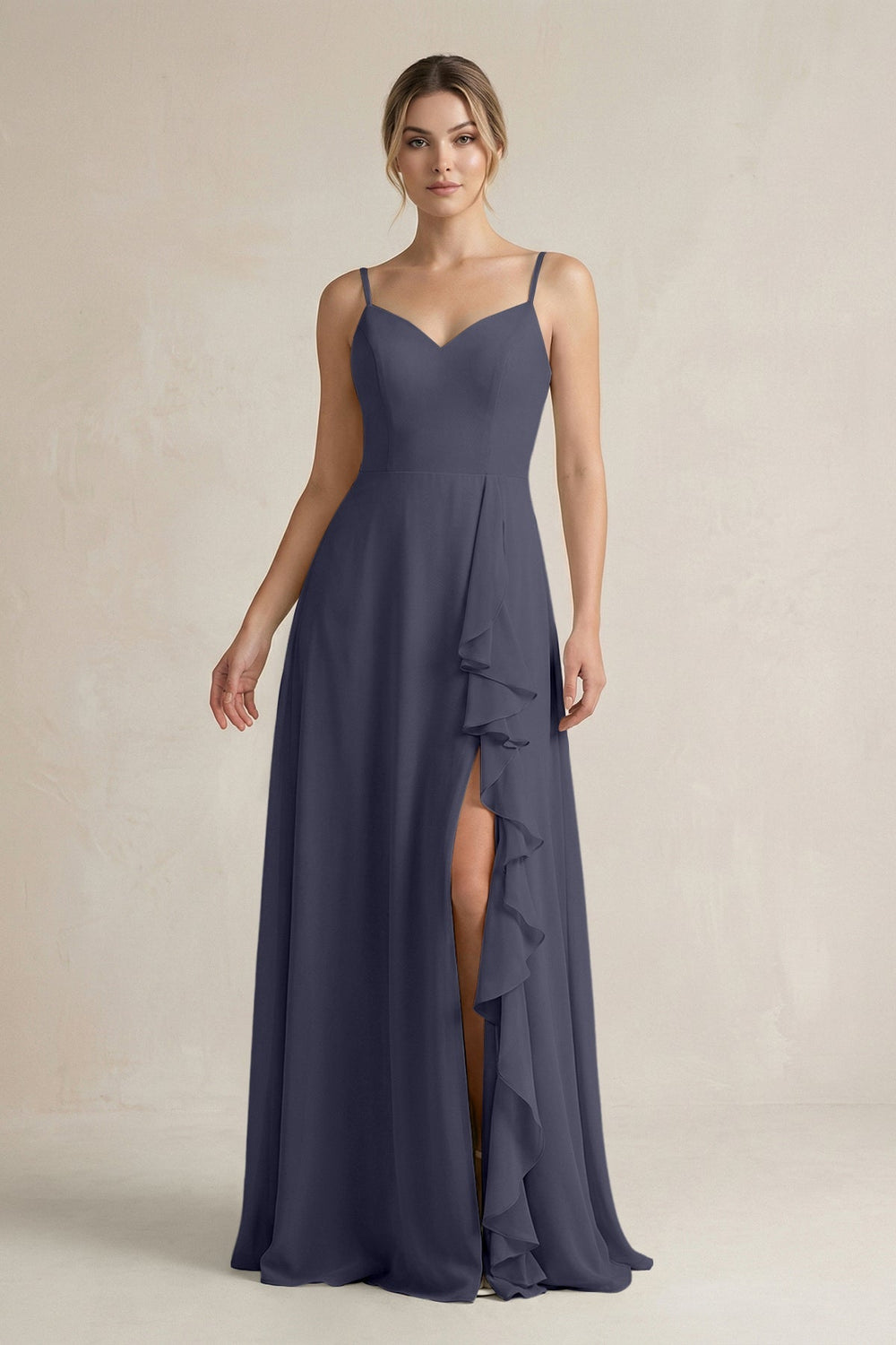 Sweetheart Ruffled A - Line Chiffon Bridesmaid Dress with Slit in Dusk Blue - SHE IS ME Bridesmaid Dresses