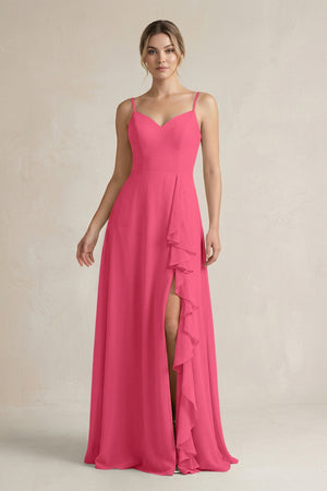 Sweetheart Ruffled A - Line Chiffon Bridesmaid Dress with Slit in Fuchsia - SHE IS ME Bridesmaid Dresses