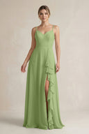 Sweetheart Ruffled A - Line Chiffon Bridesmaid Dress with Slit in Matcha - SHE IS ME Bridesmaid Dresses