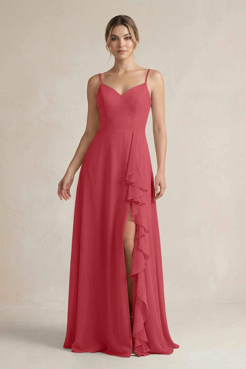 Sweetheart Ruffled A - Line Chiffon Bridesmaid Dress with Slit in Merlot - SHE IS ME Bridesmaid Dresses