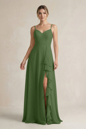 Sweetheart Ruffled A - Line Chiffon Bridesmaid Dress with Slit in Moss - SHE IS ME Bridesmaid Dresses