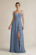Sweetheart Ruffled A - Line Chiffon Bridesmaid Dress with Slit in Neptune - SHE IS ME Bridesmaid Dresses