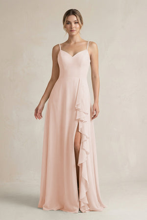 Sweetheart Ruffled A - Line Chiffon Bridesmaid Dress with Slit in Pale Blush - SHE IS ME Bridesmaid Dresses