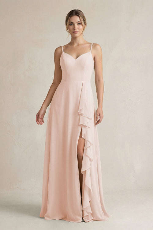 Sweetheart Ruffled A - Line Chiffon Bridesmaid Dress with Slit in Pale Blush - SHE IS ME Bridesmaid Dresses