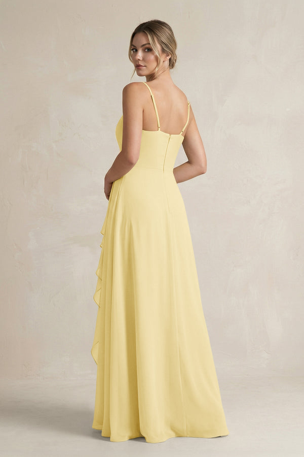 Sweetheart Ruffled A - Line Chiffon Bridesmaid Dress with Slit in Pastel Yellow - SHE IS ME Bridesmaid Dresses