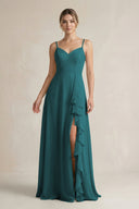 Sweetheart Ruffled A - Line Chiffon Bridesmaid Dress with Slit in Pine - SHE IS ME Bridesmaid Dresses