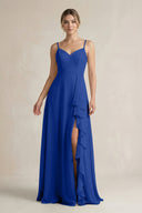 Sweetheart Ruffled A - Line Chiffon Bridesmaid Dress with Slit in Royal Blue - SHE IS ME Bridesmaid Dresses