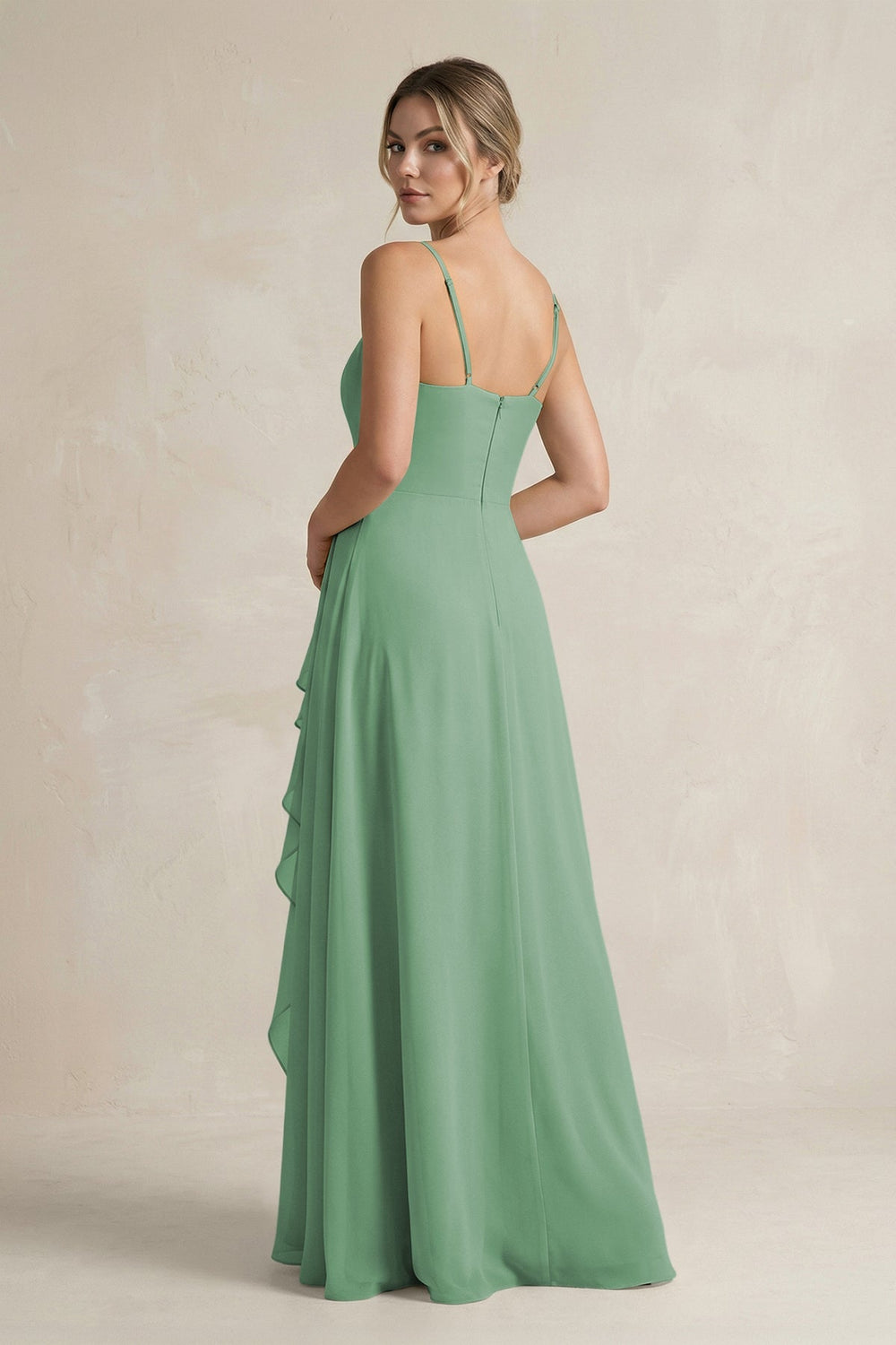 Sweetheart Ruffled A - Line Chiffon Bridesmaid Dress with Slit in Sea Glass - SHE IS ME Bridesmaid Dresses