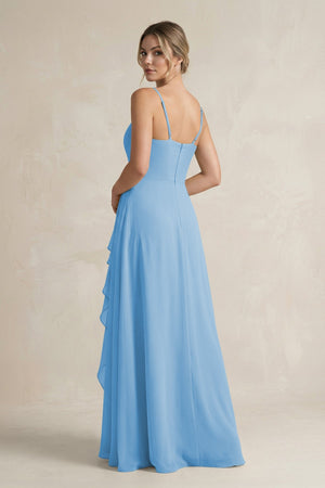 Sweetheart Ruffled A - Line Chiffon Bridesmaid Dress with Slit in Steel Blue - SHE IS ME Bridesmaid Dresses