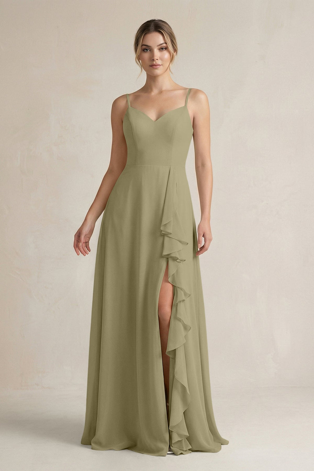 Sweetheart Ruffled A - Line Chiffon Bridesmaid Dress with Slit in Thyme - SHE IS ME Bridesmaid Dresses