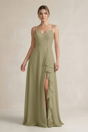 Sweetheart Ruffled A - Line Chiffon Bridesmaid Dress with Slit in Thyme - SHE IS ME Bridesmaid Dresses