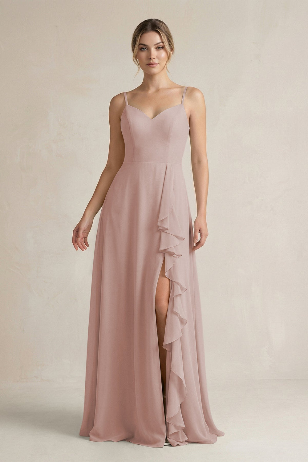 Sweetheart Ruffled A - Line Chiffon Bridesmaid Dress with Slit in Toffee - SHE IS ME Bridesmaid Dresses