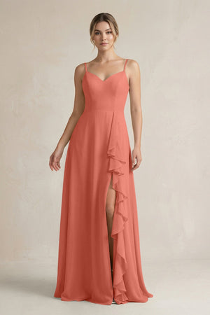Sweetheart Ruffled A - Line Chiffon Bridesmaid Dress with Slit in Wild Rose - SHE IS ME Bridesmaid Dresses