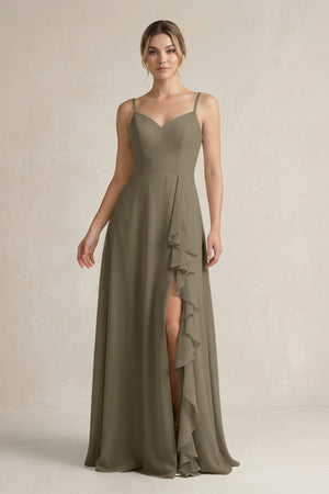 Sweetheart Ruffled A - Line Chiffon Bridesmaid Dress with Slit in Willow Green - SHE IS ME Bridesmaid Dresses