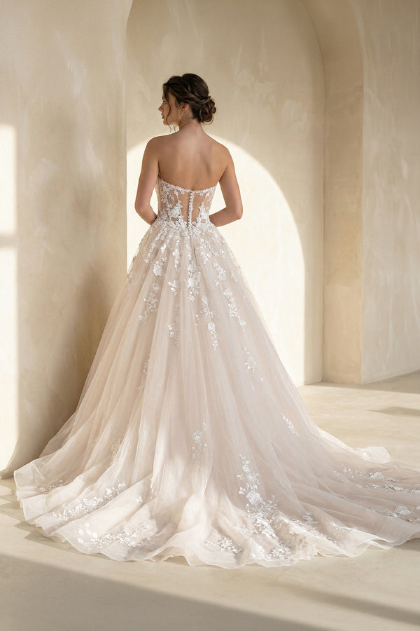 Sweetheart Tulle Ball Gown With Appliques in White and Nude - SHE IS ME Wedding Dresses
