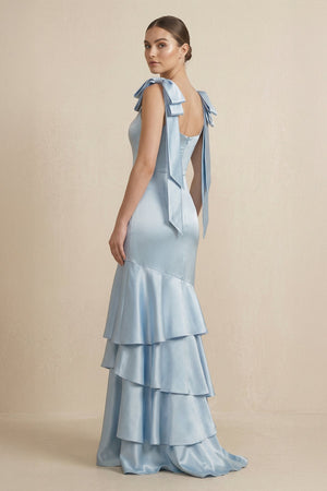 Tiered Maxi Satin Bridesmaid Dress with Bow Straps - SHE IS ME Bridesmaid Dresses