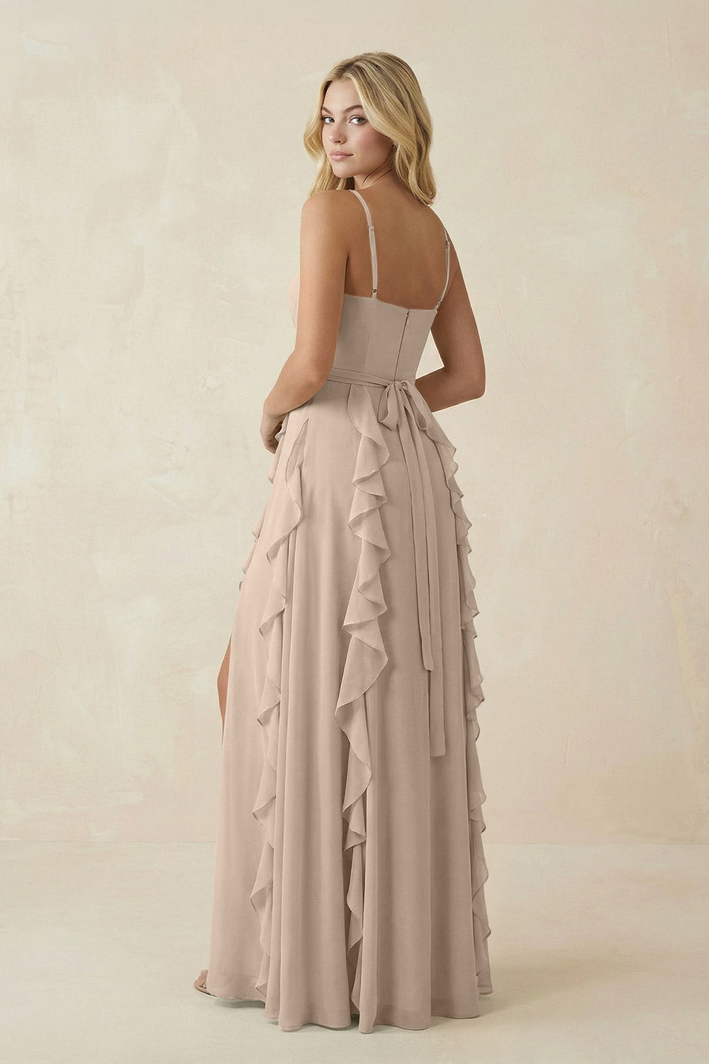 Tiered Ruffle A - Line Chiffon Bridesmaid Dress in Almond - SHE IS ME Bridesmaid Dresses