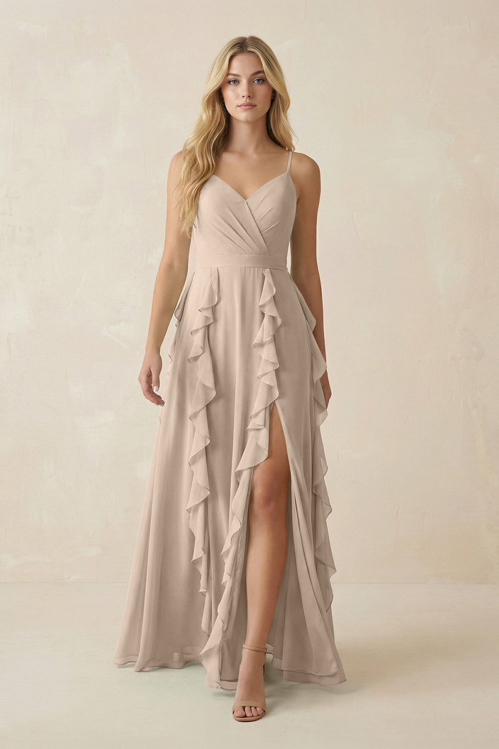 Tiered Ruffle A - Line Chiffon Bridesmaid Dress in Almond - SHE IS ME Bridesmaid Dresses
