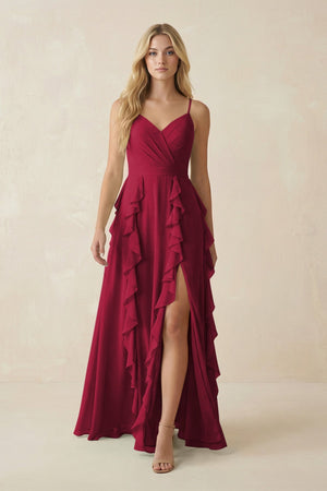 Tiered Ruffle A - Line Chiffon Bridesmaid Dress in Berry - SHE IS ME Bridesmaid Dresses