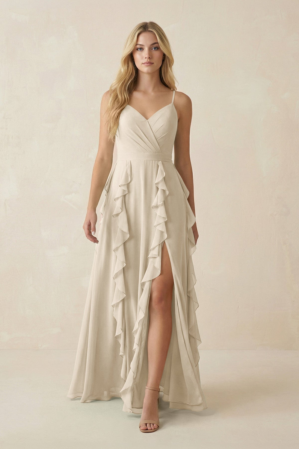 Tiered Ruffle A - Line Chiffon Bridesmaid Dress in Champagne - SHE IS ME Bridesmaid Dresses