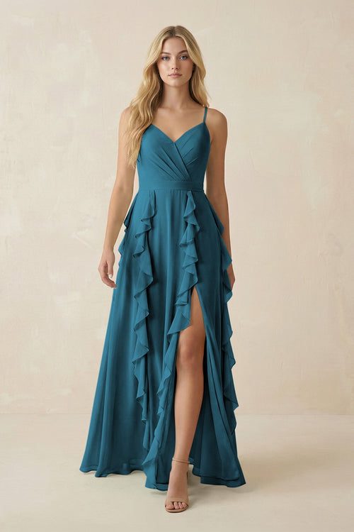Tiered Ruffle A - Line Chiffon Bridesmaid Dress in Dark Teal - SHE IS ME Bridesmaid Dresses