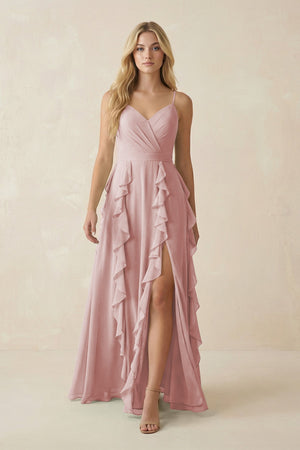 Tiered Ruffle A - Line Chiffon Bridesmaid Dress in Dusty Rose - SHE IS ME Bridesmaid Dresses