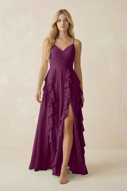 Tiered Ruffle A - Line Chiffon Bridesmaid Dress in Fig - SHE IS ME Bridesmaid Dresses