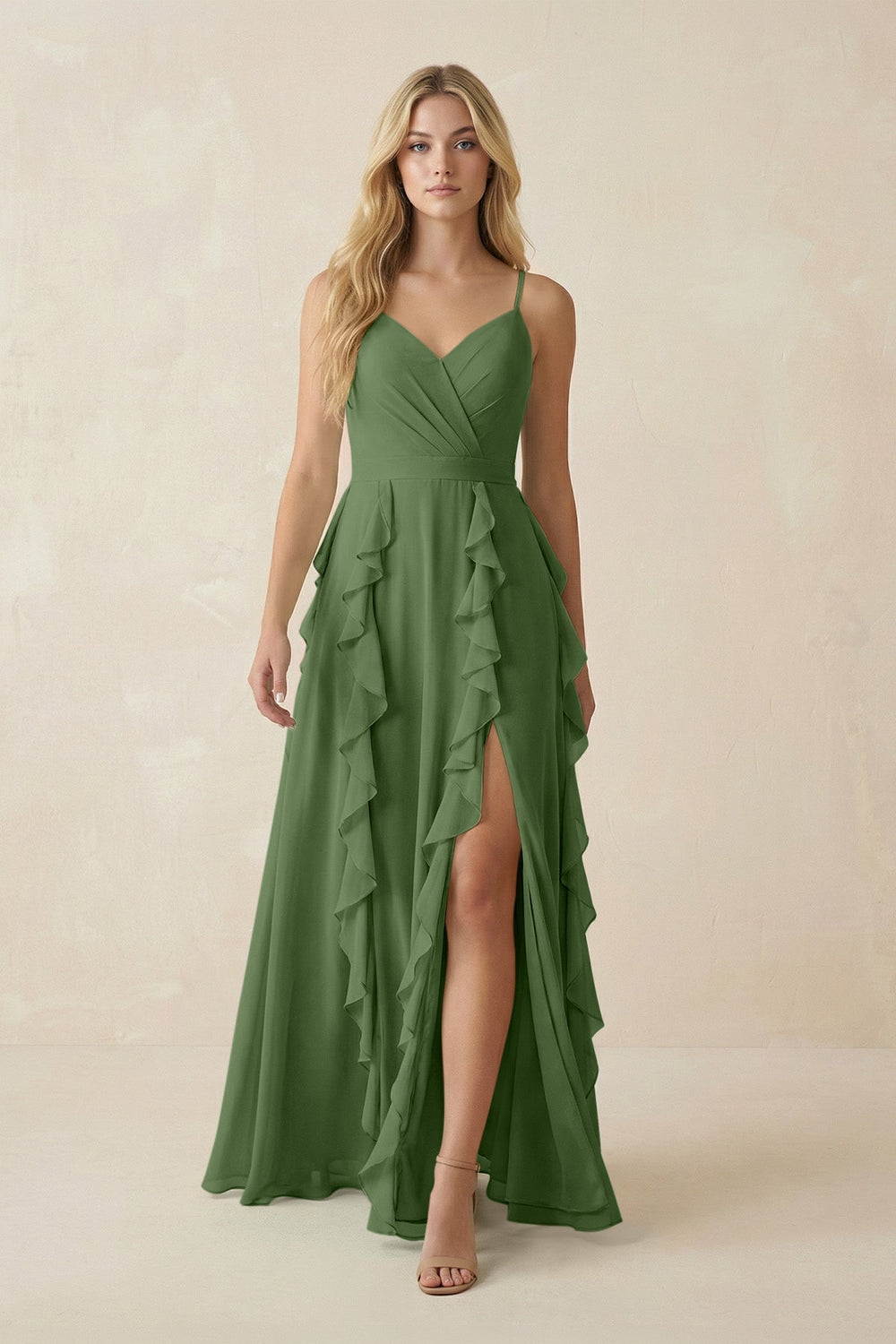 Tiered Ruffle A - Line Chiffon Bridesmaid Dress in Moss - SHE IS ME Bridesmaid Dresses