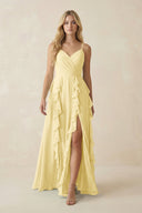 Tiered Ruffle A - Line Chiffon Bridesmaid Dress in Pastel Yellow - SHE IS ME Bridesmaid Dresses