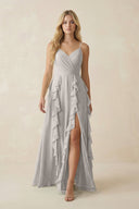 Tiered Ruffle A - Line Chiffon Bridesmaid Dress in Silver - SHE IS ME Bridesmaid Dresses