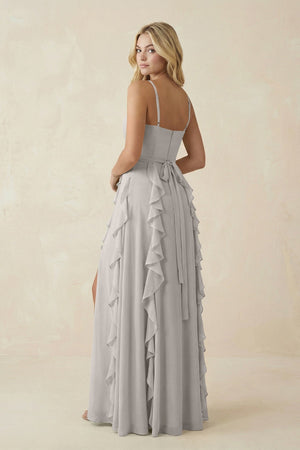 Tiered Ruffle A - Line Chiffon Bridesmaid Dress in Silver - SHE IS ME Bridesmaid Dresses
