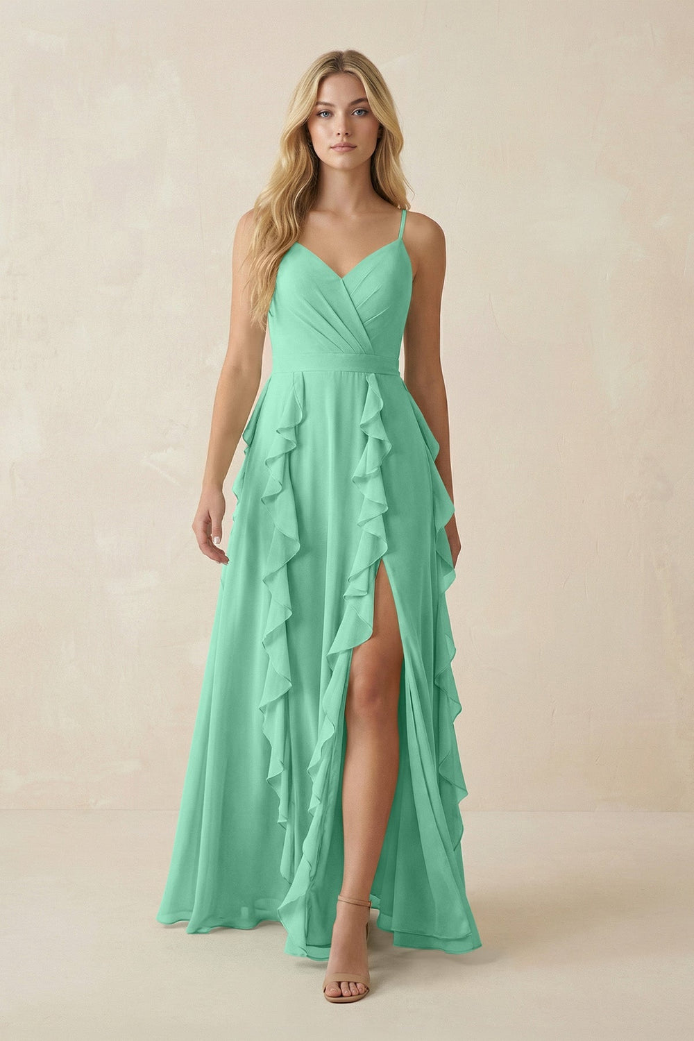 Tiered Ruffle A - Line Chiffon Bridesmaid Dress in Turquoise - SHE IS ME Bridesmaid Dresses